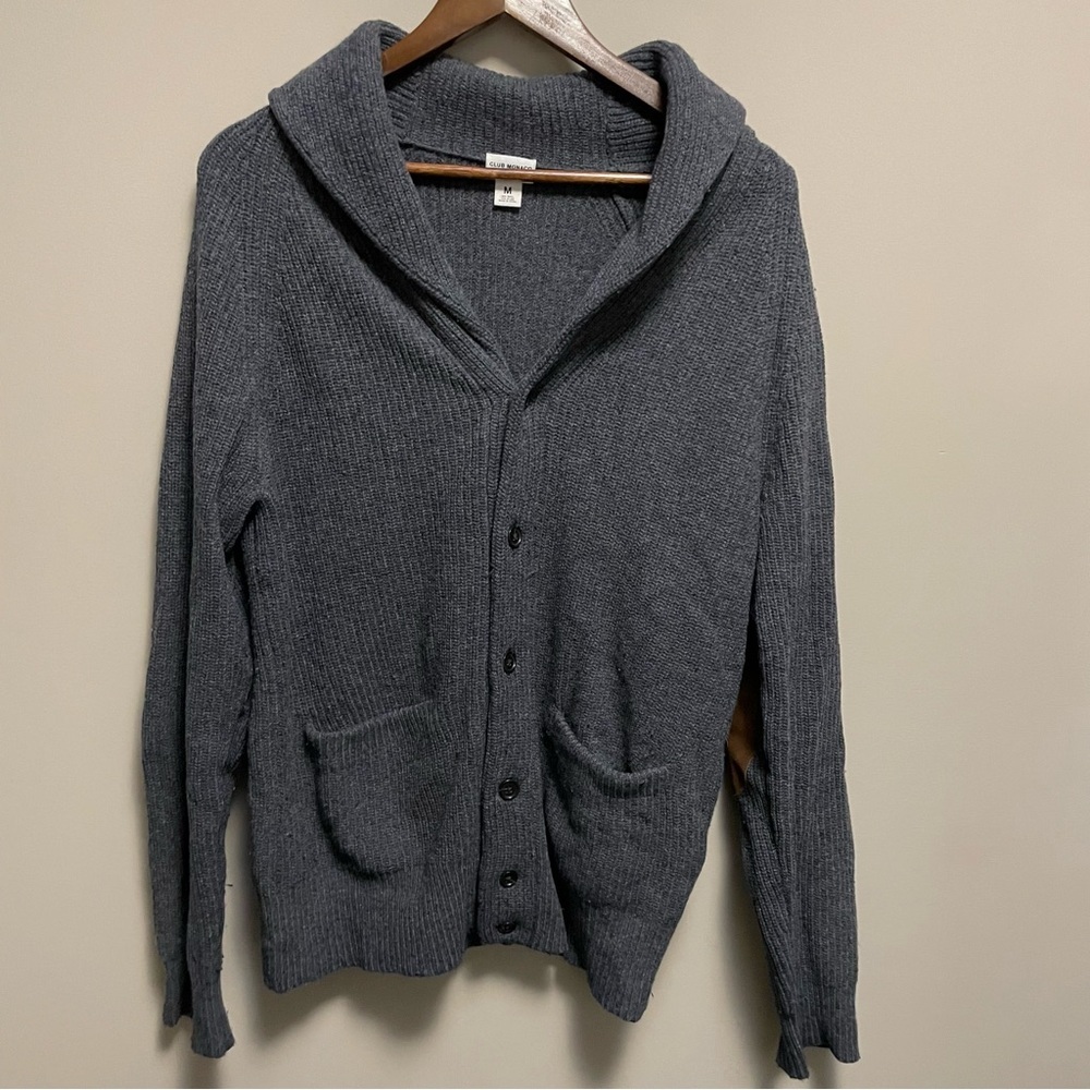 Club Monaco Grey 80% Wool Blend Cardigan With Leather Elbow Patches Men’s Medium